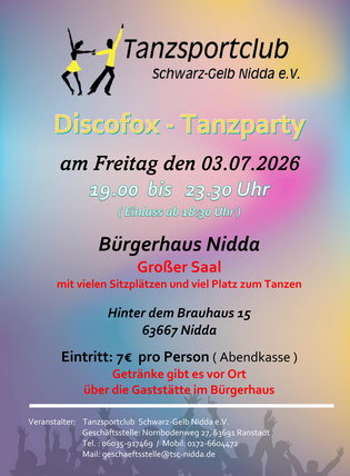 DiscofoxParty des TSC-Nidda am 03.07.2026 in der Stadthalle Nidda